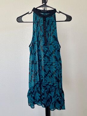 twenty-one Womenʻs Teal | Black Floral Chiffon Sheer Halter Tunic Top Large